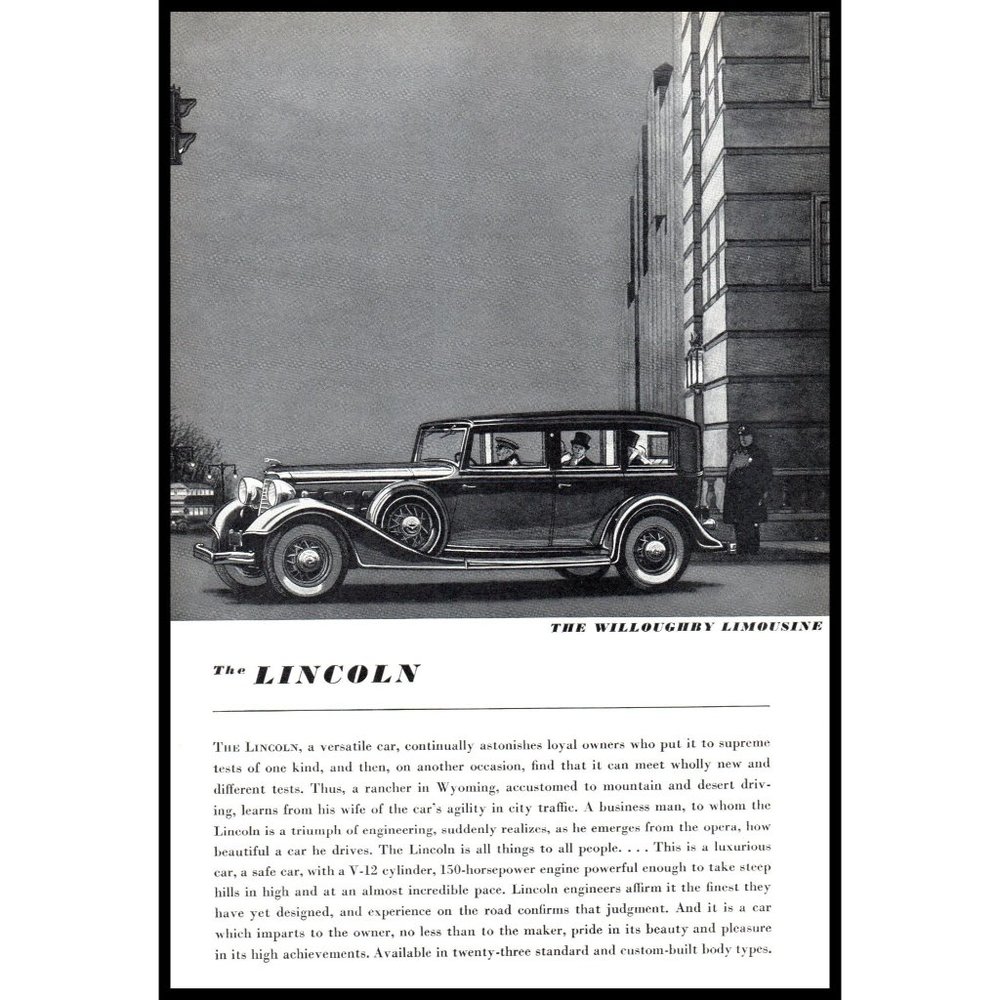1934 Lincoln Willoughby Limousine Antique Car Vintage Print Ad Downtown City Art